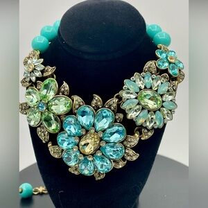 Heidi Daus  Floral Crystal Bib Necklace | Aqua Beads, Blue & Green Rhinestones